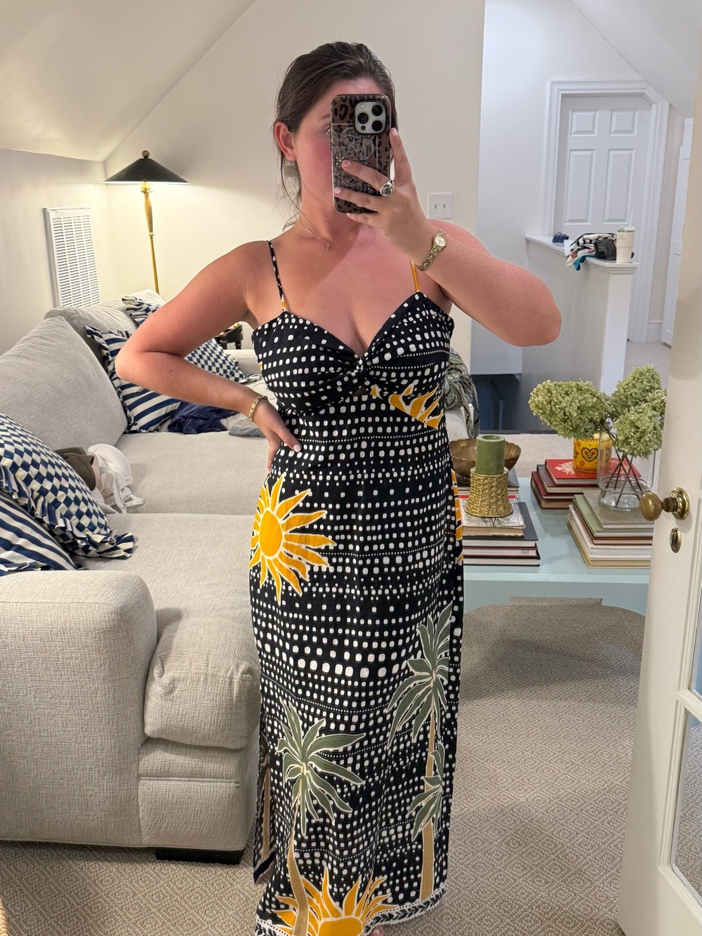 LOFT Black Maxi Dress with Yellow Sun & Green Palm Print
